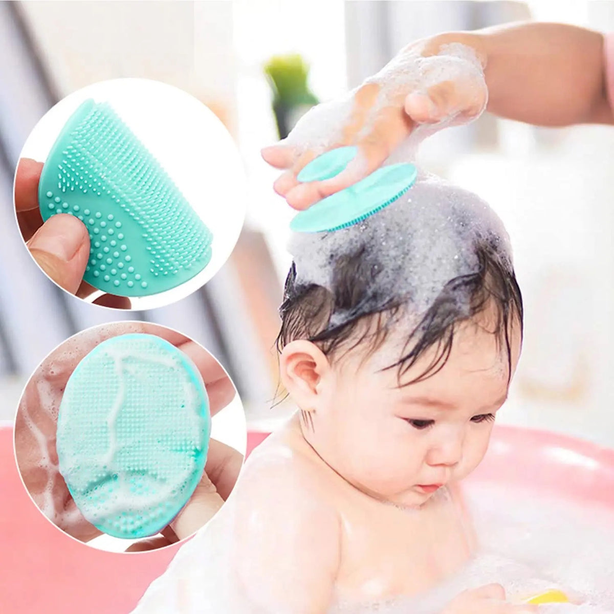  A baby is being bathed with a blue sponge using the Kids Soft Silicone Shower Brush, a gentle and effective tool for deep pore cleaning and exfoliating skin care