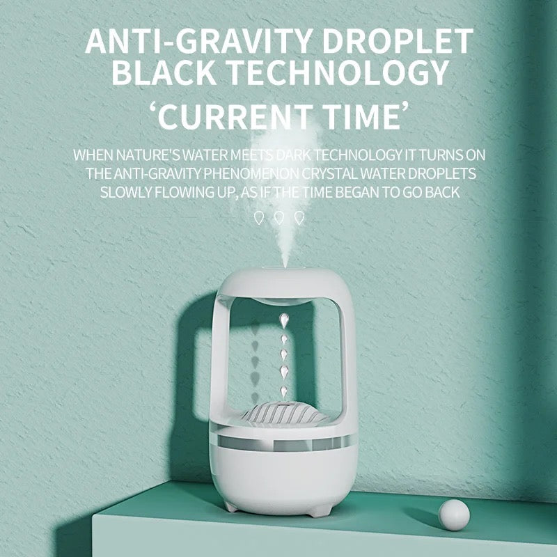 On a table, a white portable water dispenser known as the Anti-Gravity Water Drop Humidifier