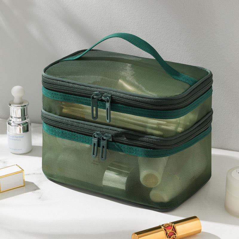 Double Layer Mesh Cosmetic Bag in green color