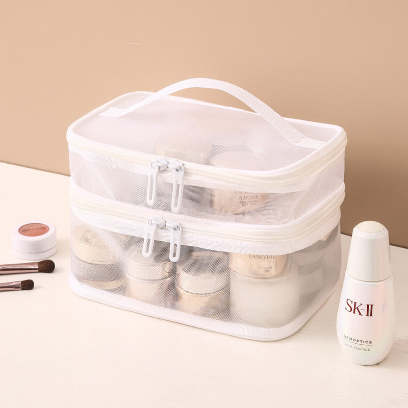 Double Layer Mesh Cosmetic Bag in white color
