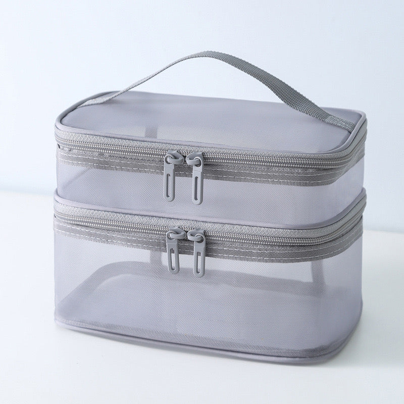 Double Layer Mesh Cosmetic Bag in gray color