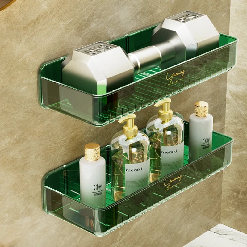 A wall-mounted green bathroom storage rack with  toiletries, shampoo, and cosmetics