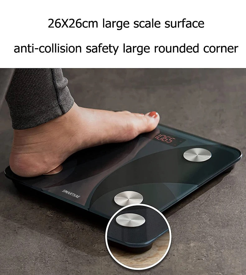 A person standing on a Bluetooth Body Fat Scale showcasing the dimension of the product surface