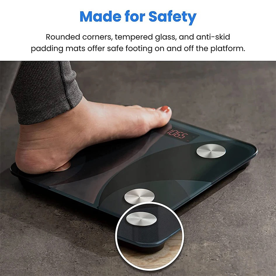  a person on a Bluetooth Body Fat Scale, highlighting safety