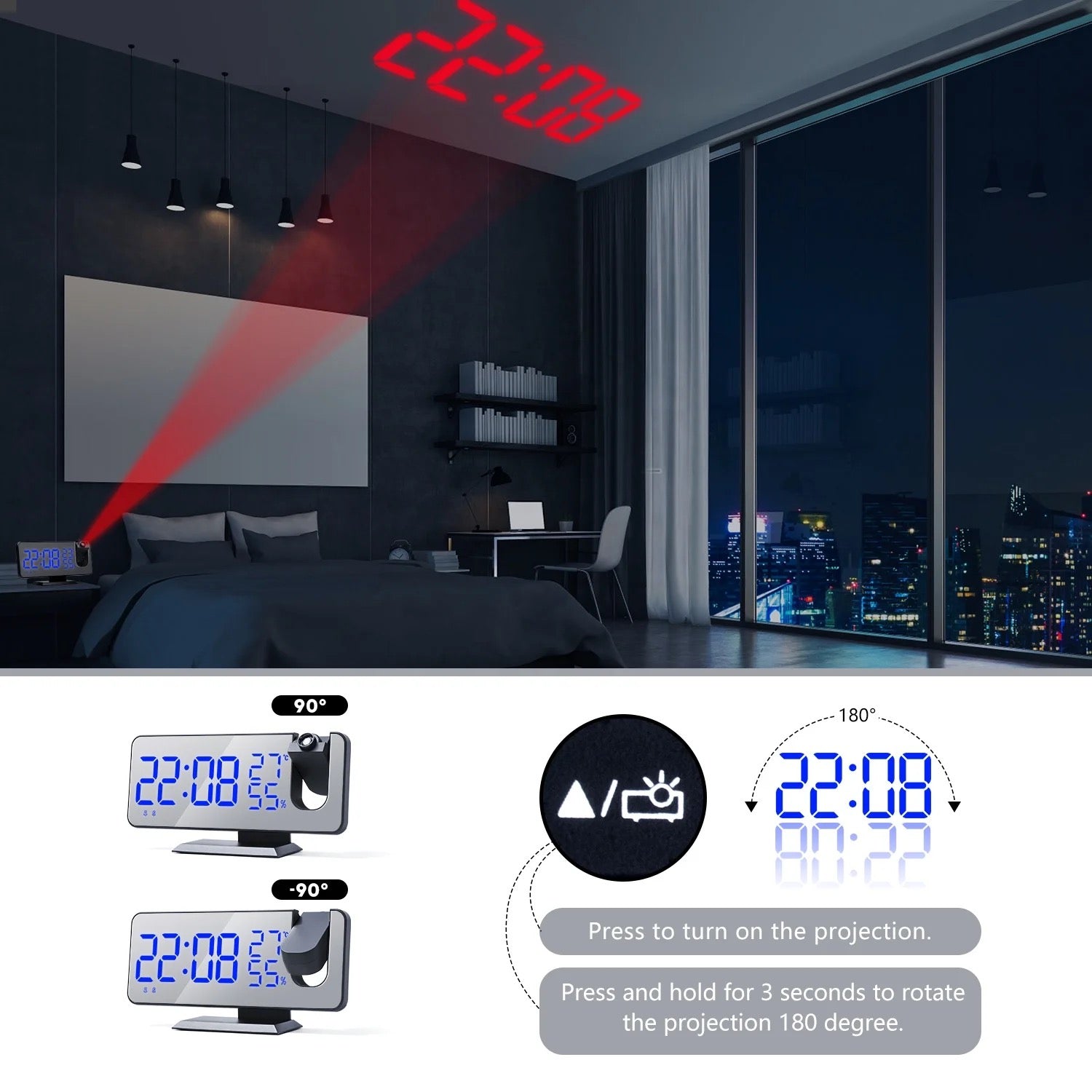 LED Projection Alarm Clock kept in a bedroom showing the projector feature 