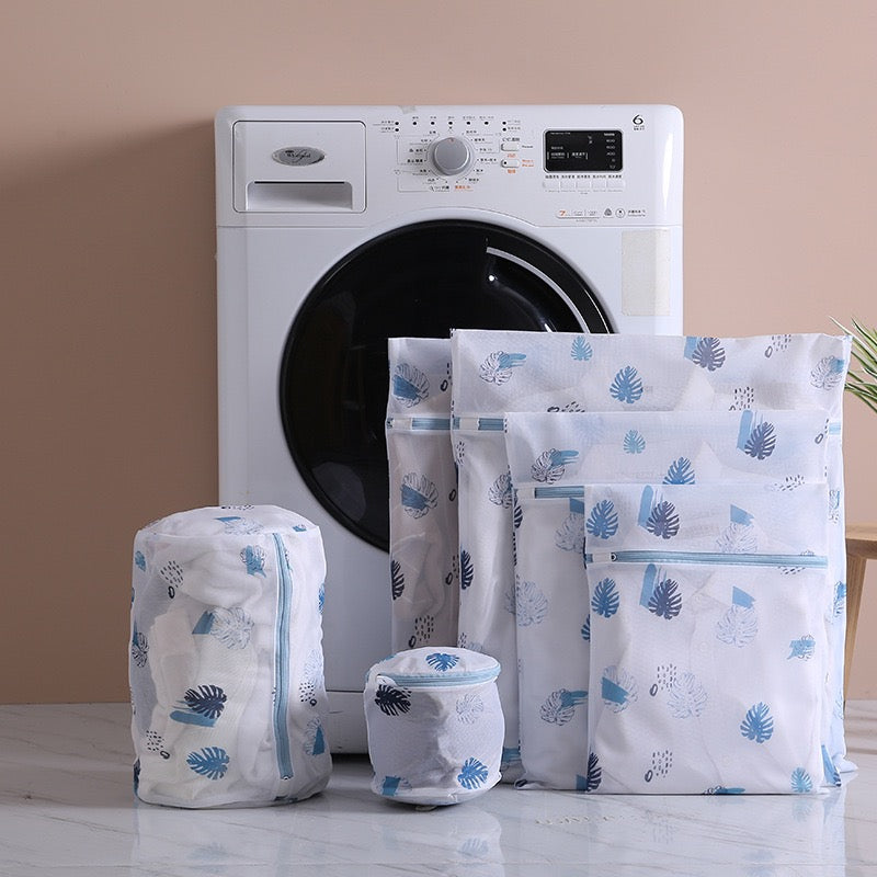 Mesh Laundry Bags Set - Blue Leaves Design 