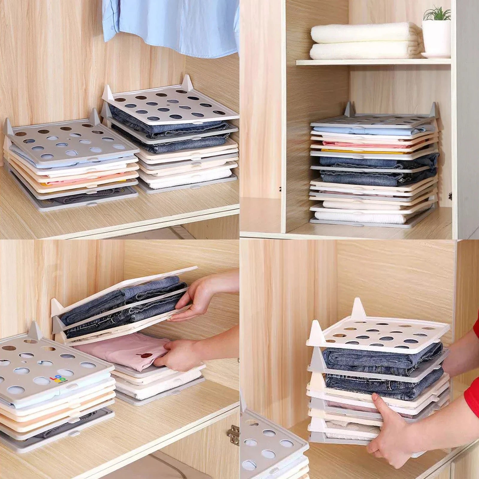 Wardrobe Clothes Stacking Organizer - collage,a person holding cloths folded using Wardrobe Clothes Stacking Organizer