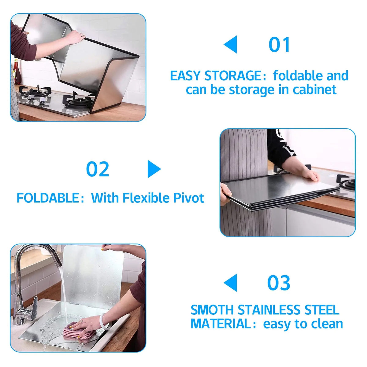 Displaying the instruction to use Gas Stove Oil-blocking Board along with the feature 