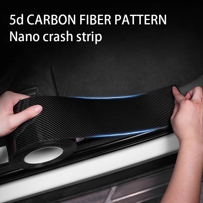 A person sticking Anti-Scratch 5D Carbon Fiber Stickers on the foot step of a car 