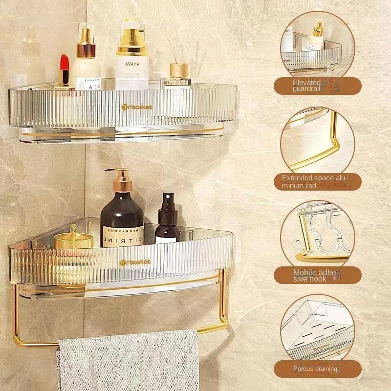 A wall-mounted triangular bathroom shelf showcasing a collection of assorted items, such as toiletries and Cosmetics