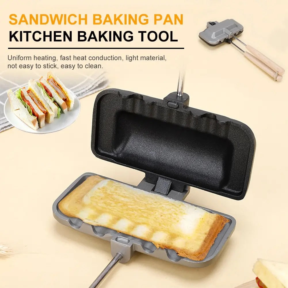 Double-Sided Breakfast Sandwich Maker with a sandwich in baking pan