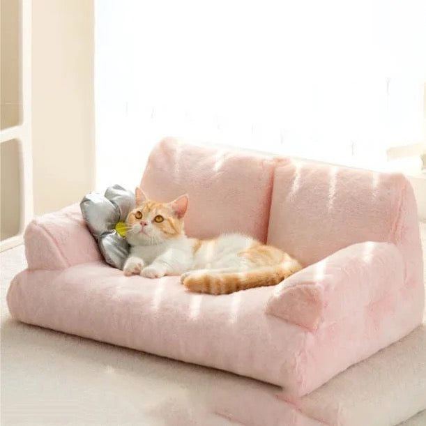 A cat lying on a pink color Cat Sofa Couch Cushion with a grey color pillow 