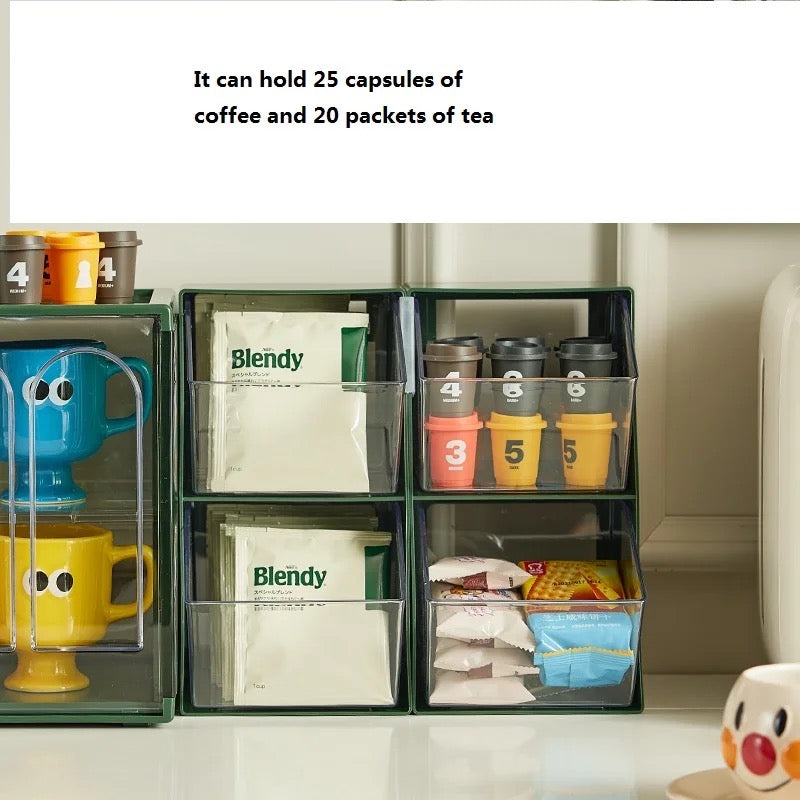 A multi-layer desktop dustproof storage rack with different types of coffee, tea bag in it
