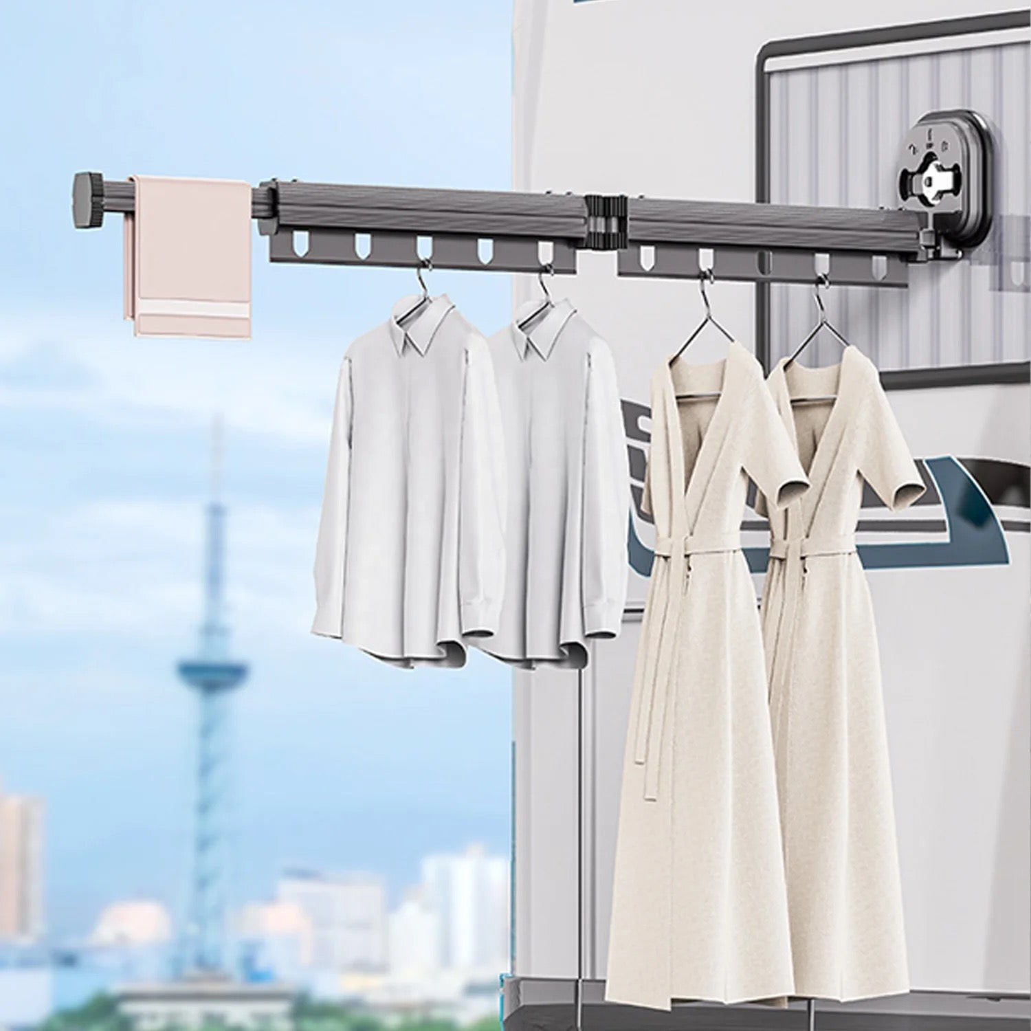Cloths hung on a Folding Laundry Rack which is mounted on a iron wall