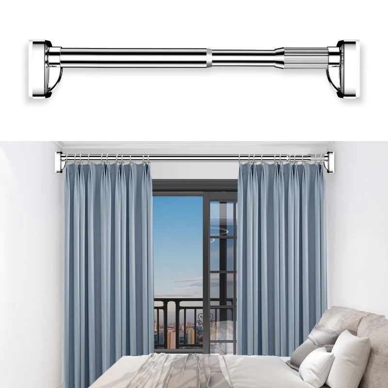 Extendable Tension Rod along with curtain mounted on a balcony door in a bedroom 