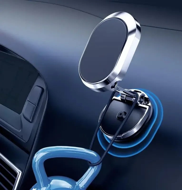 A dumbell hung on Car Mobile Phone Holder mounted on a car's dashboard to expose it's holding capacity 