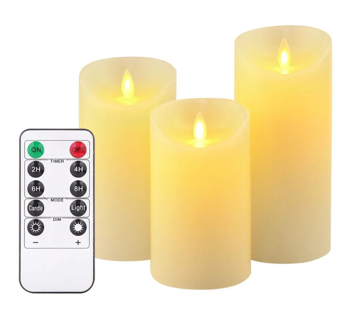 Showcasing 3 Flameless LED Candles lit up in 3 different sizes along with it's remote control 