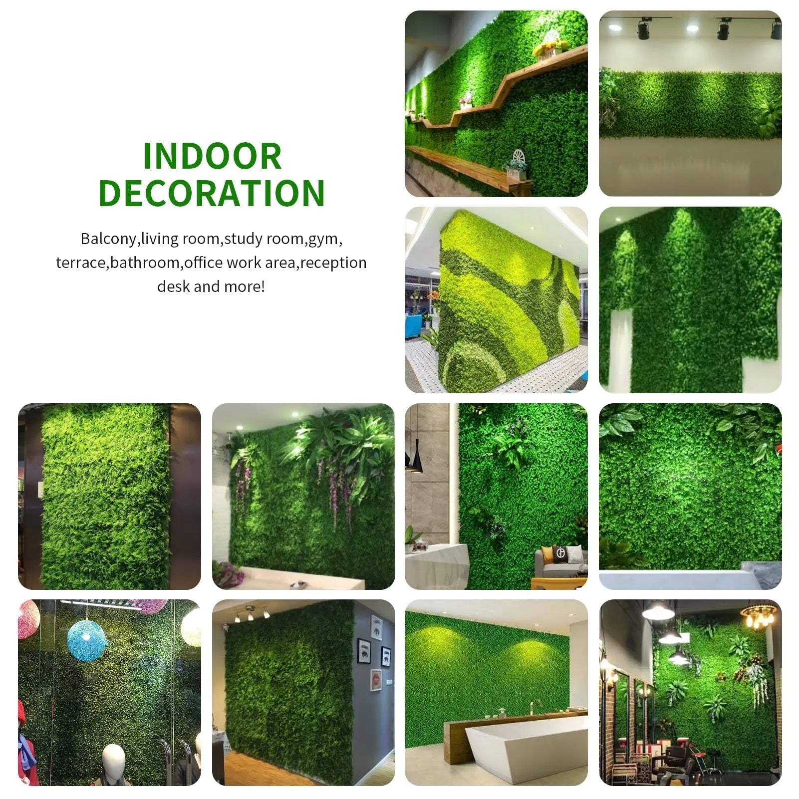 Collage image displays various indoor locations decorated with Artificial Grass Plant 