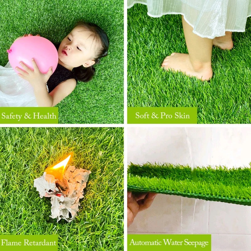 Collage image shows the advantages of Artificial Grass Carpet