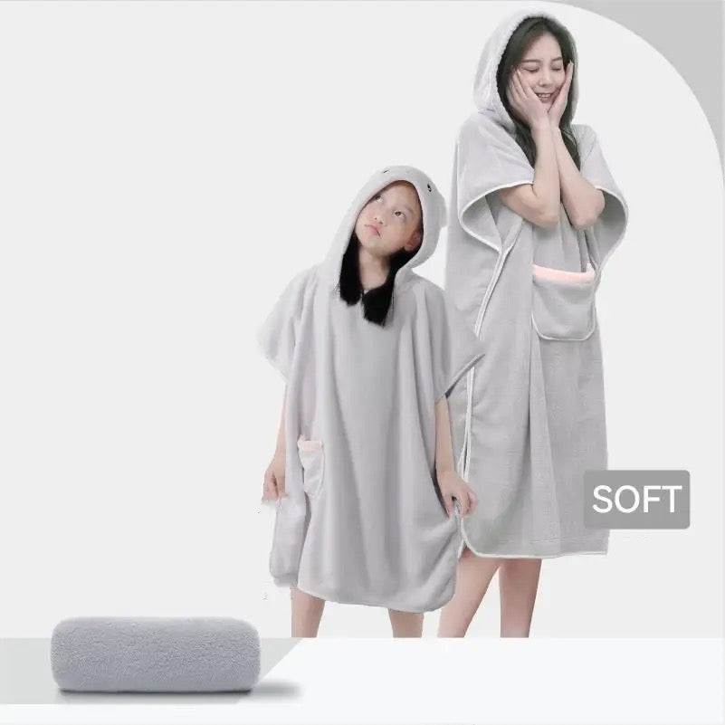 Showcasing Grey color Quick-Drying Hooded Bathrobe worn by a Woman and a Child 
