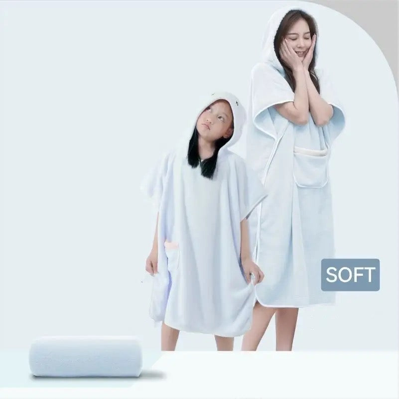 Showcasing Blue color Quick-Drying Hooded Bathrobe worn by a Woman and a Child
