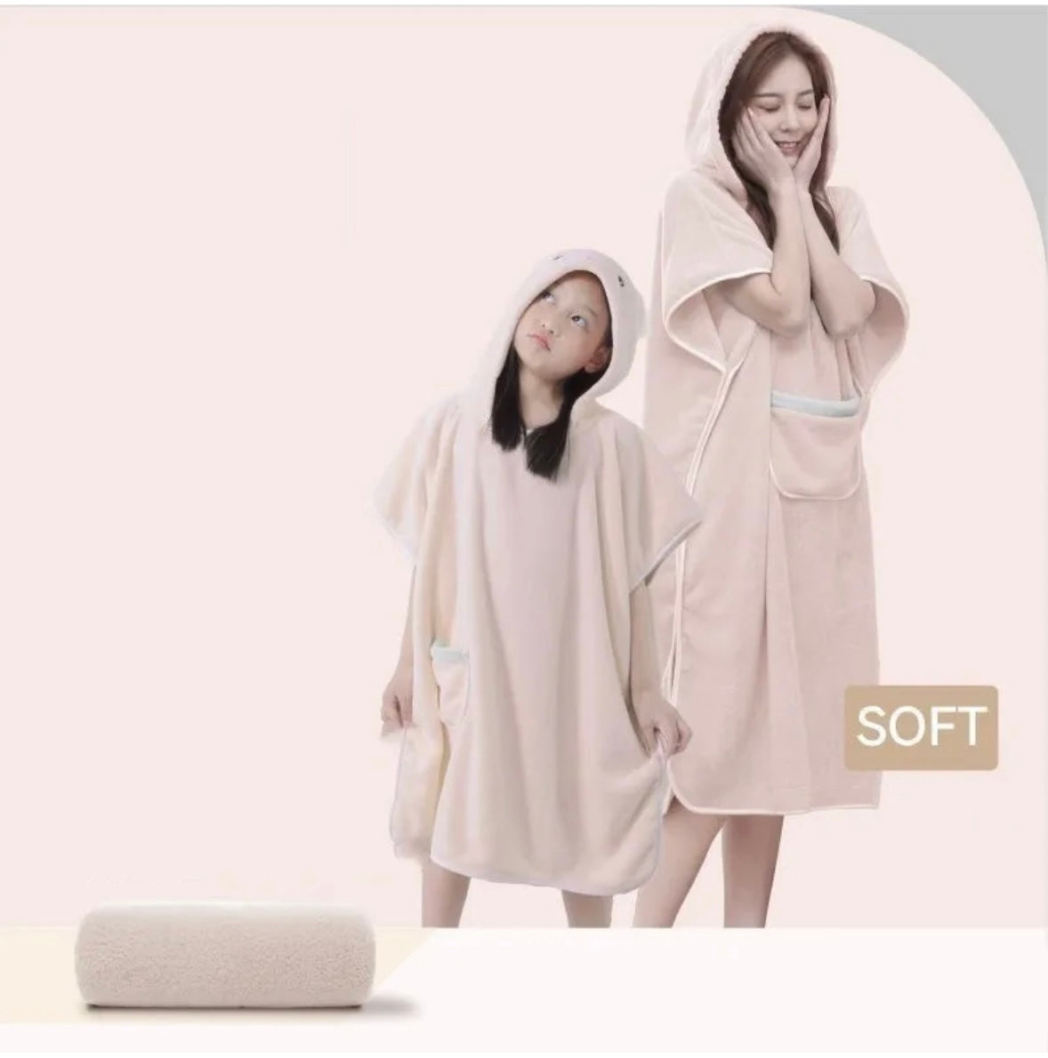 Showcasing Beige color Quick-Drying Hooded Bathrobe worn by a Woman and a Child