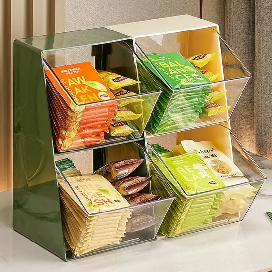 a Multi-Layer Desktop Dustproof Storage Rack with different types of Coffee, Tea Bag in it
