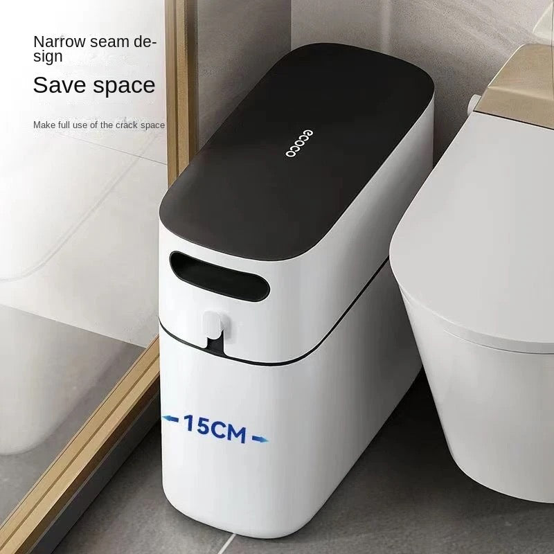 Image mentioning the size of Press-type Trash Can placed in a toilet 