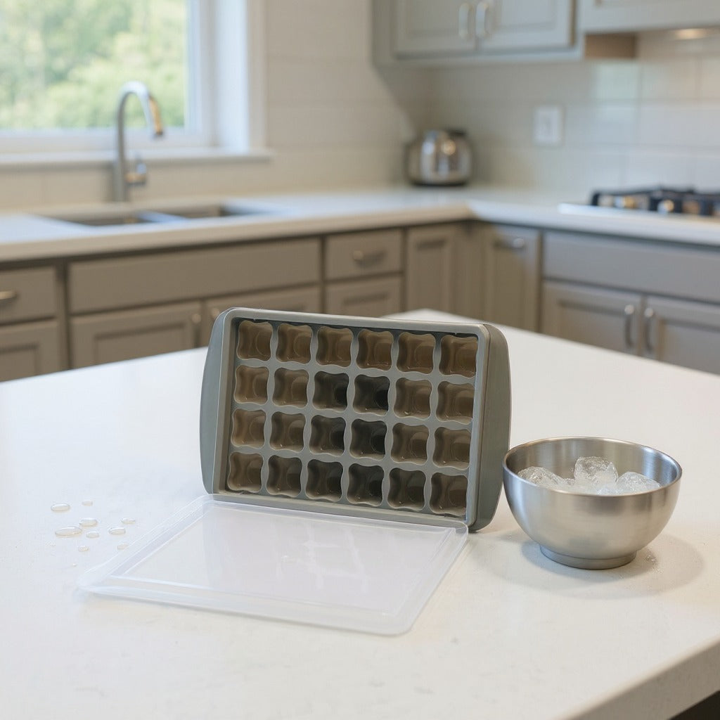 An Ice Cube Tray is Placed on a Kitchen Cabinet Along with a Bowl of Ice Cubes.