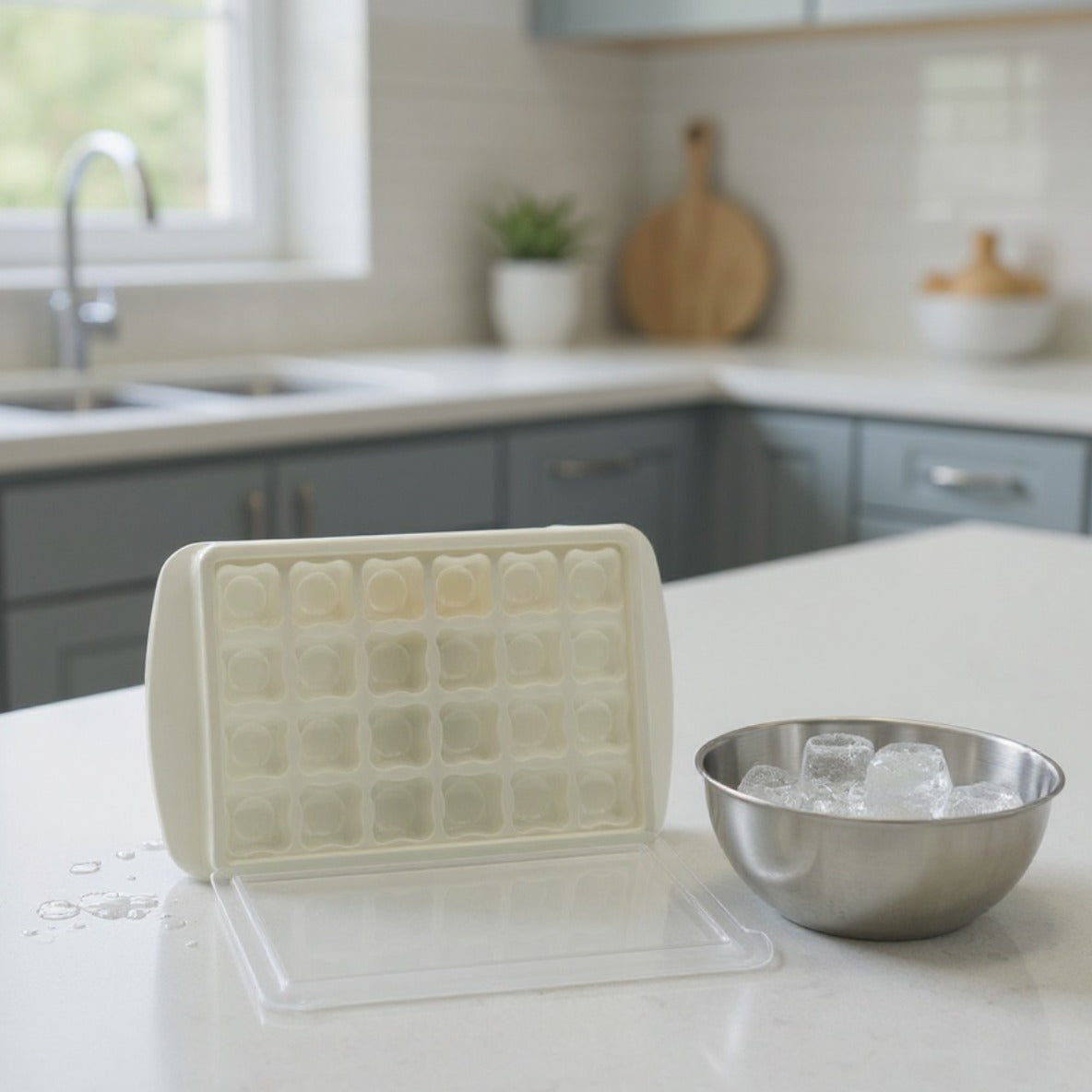 An Ice Cube Tray is Placed on a Kitchen Cabinet Along with a Bowl of Ice Cubes.