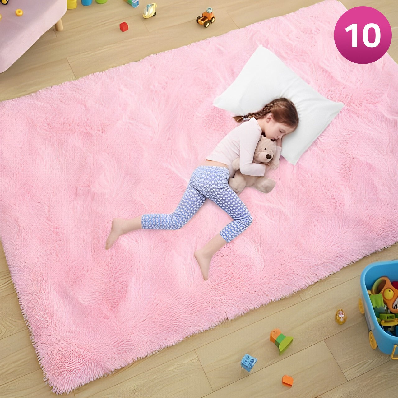 A Girl Sleeping On Rug With Her Teddy.