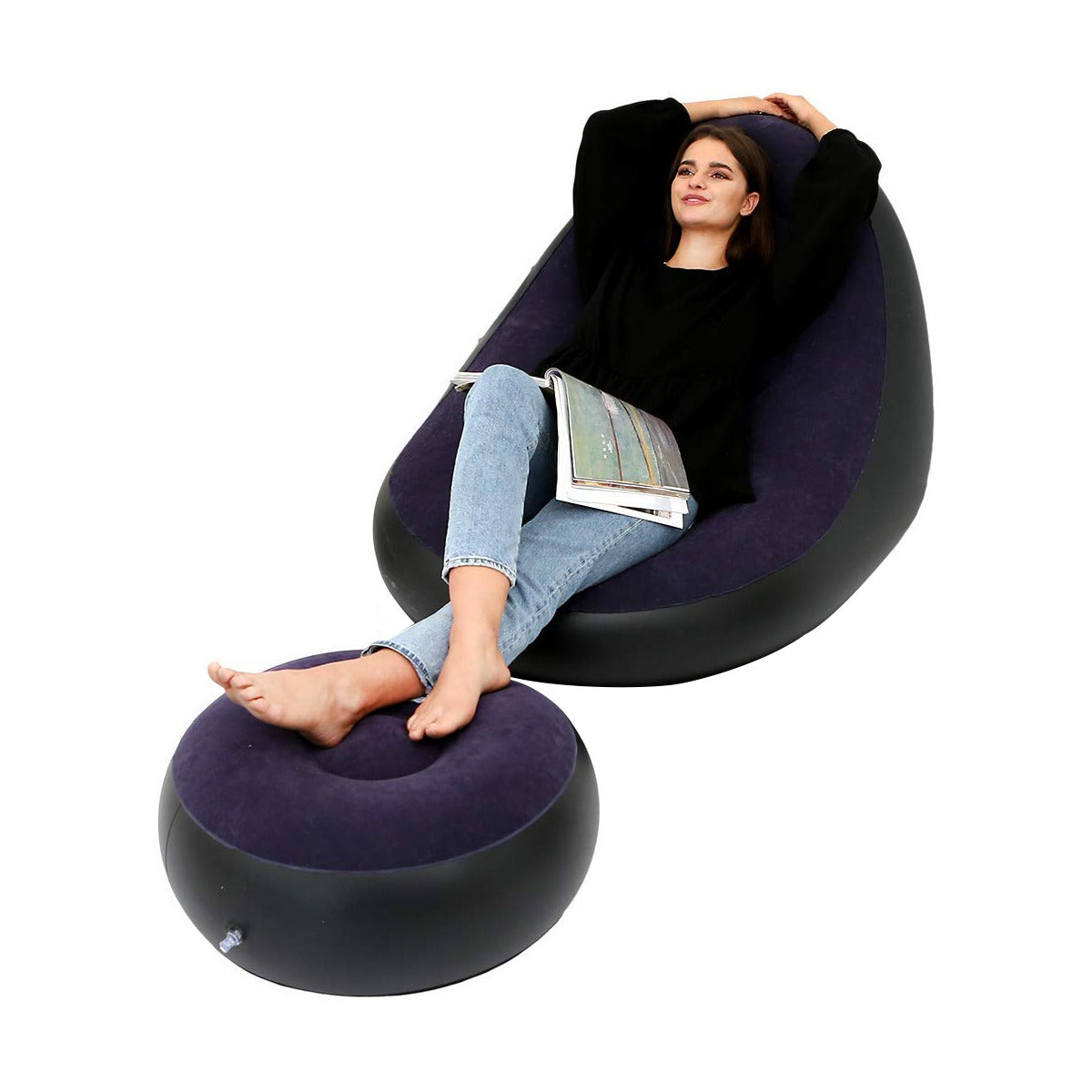 A Woman is Resting On Inflatable Sofa Chair with Foot Stool.