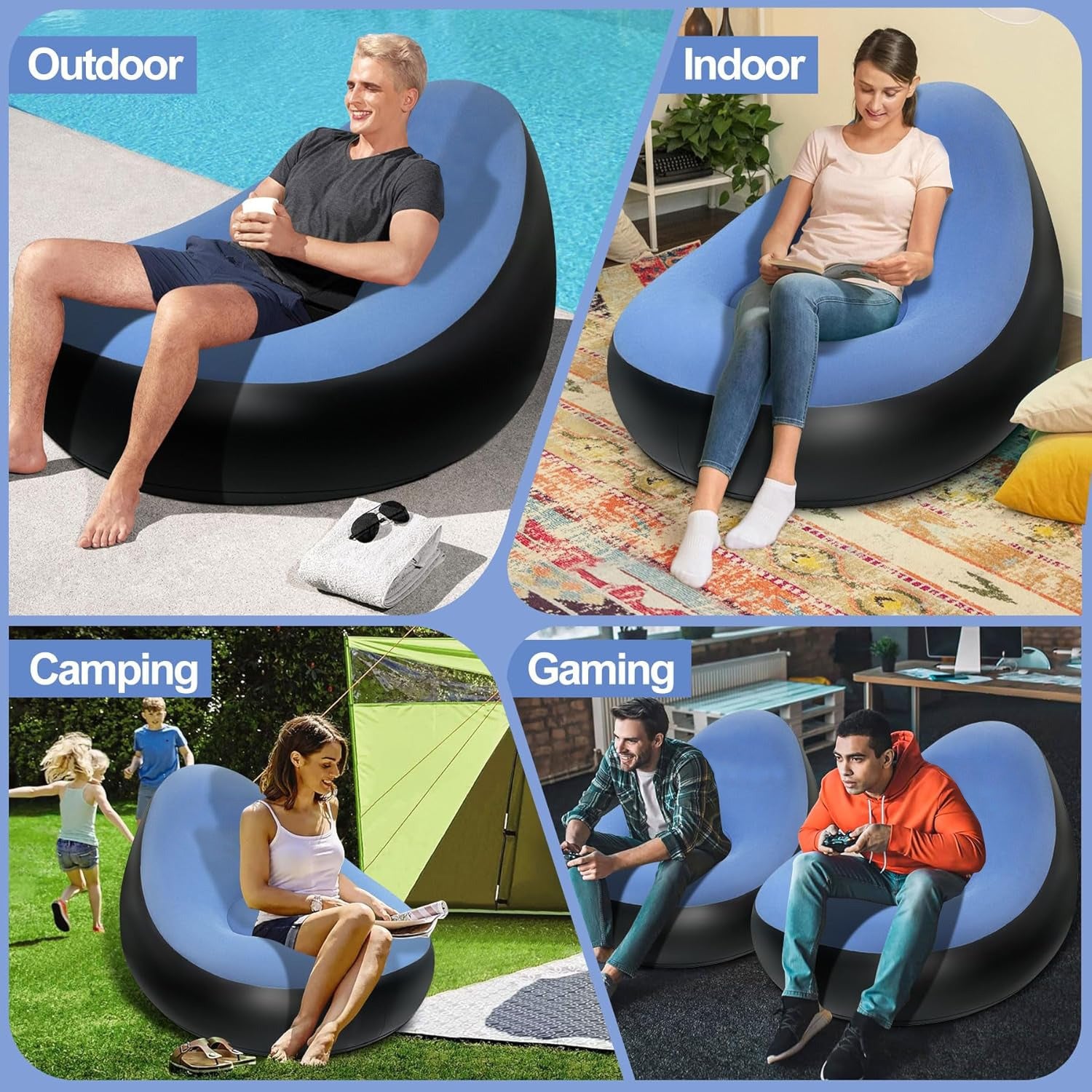 Diiferent Person are Using Inflatable Sofa Chair with Foot Stool at Different Scenarios.