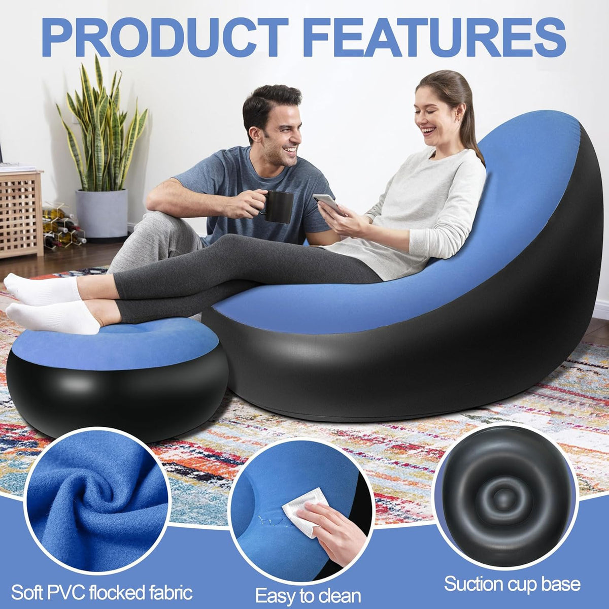 A Couple Enjoying Their Tea Time by Sitting On Inflatable Sofa Chair with Foot Stool.