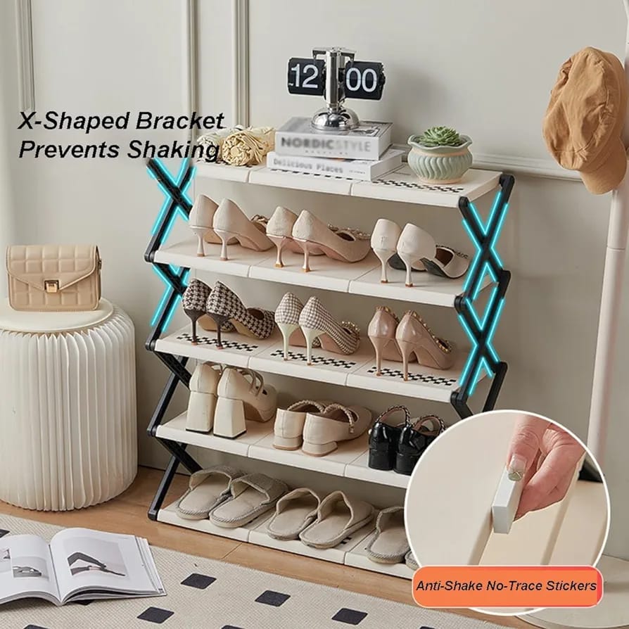 Foldable Multi-Layer Shoe Rack Shelf with X-shaped bracket to prevent shaking
