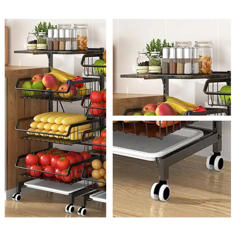 Adjustable Fruit Vegetable Basket Cart placed on the floor, adorned with a variety of fruits