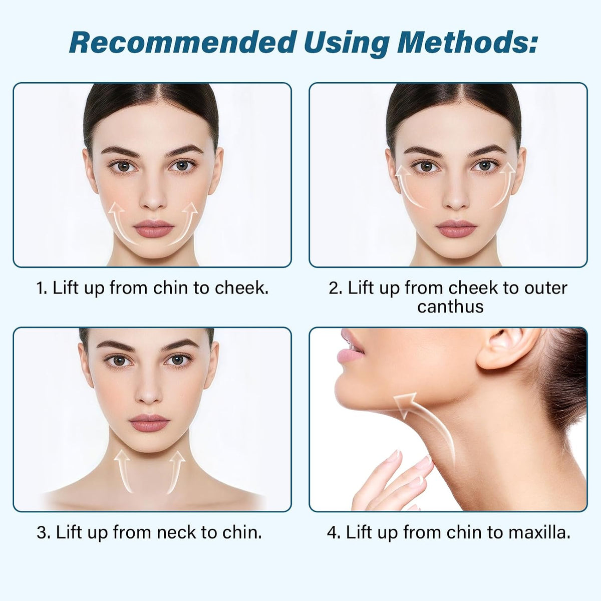 A woman shows the recommended using directions of Intense Pulsed Light Wrinkle Reducing Instrument.