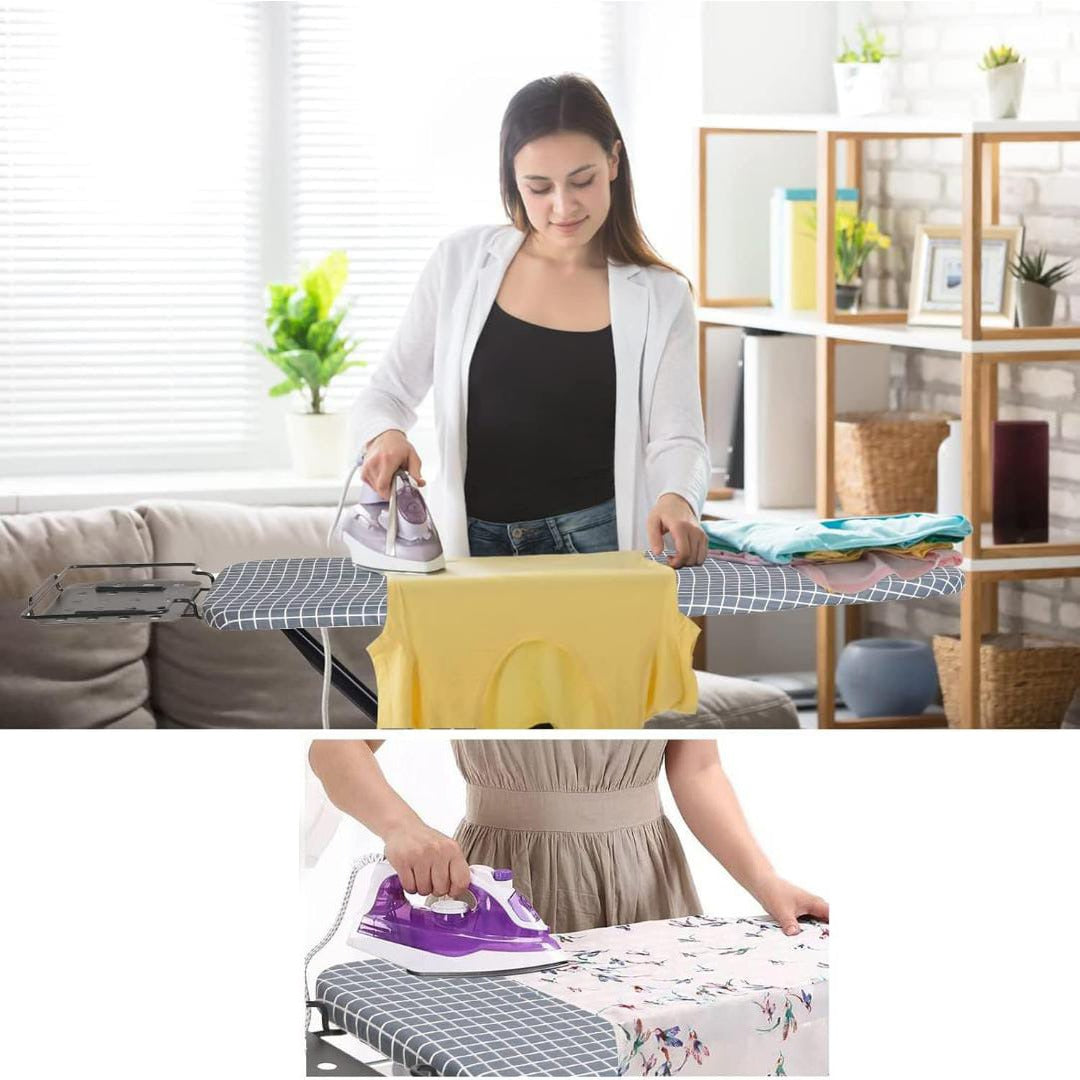 A Women is Ironing Cloth Using Iron Board.