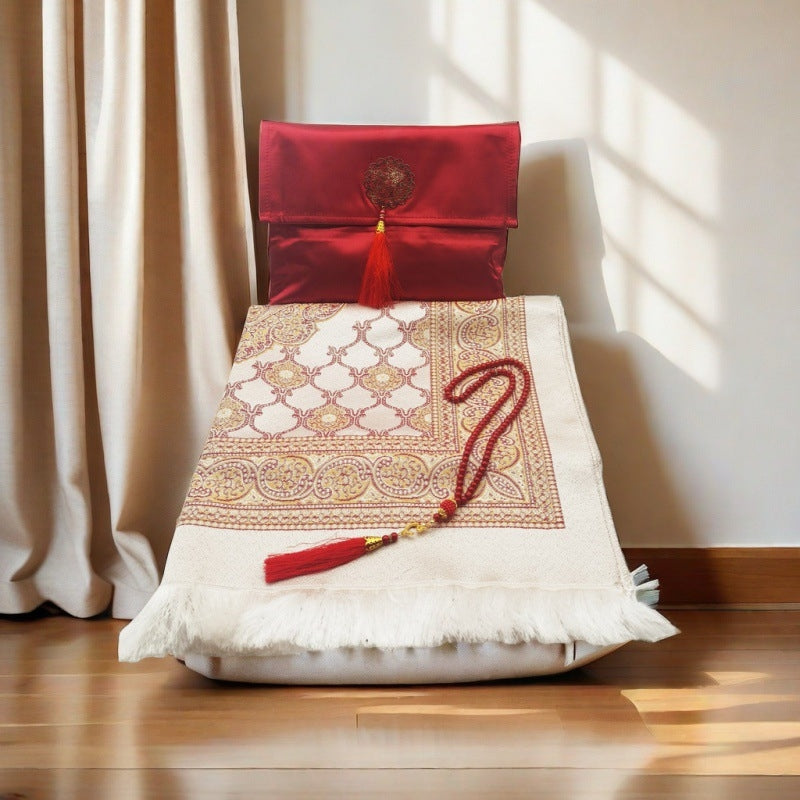 An Islamic Prayer Mat Set in Red Color.