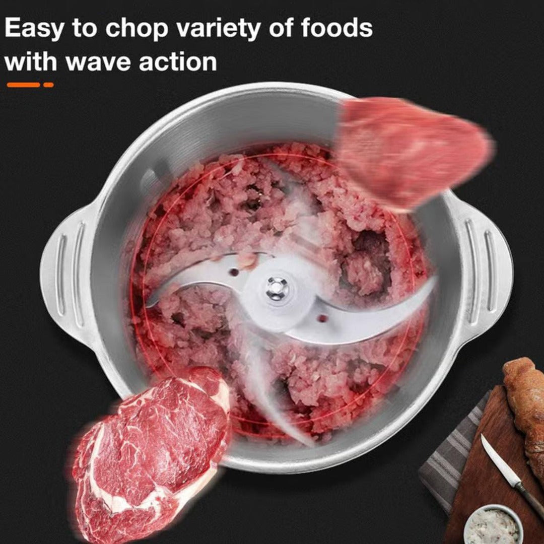 Meat is Chopped in an JIHAM Stainless Steel Electric Chopper.