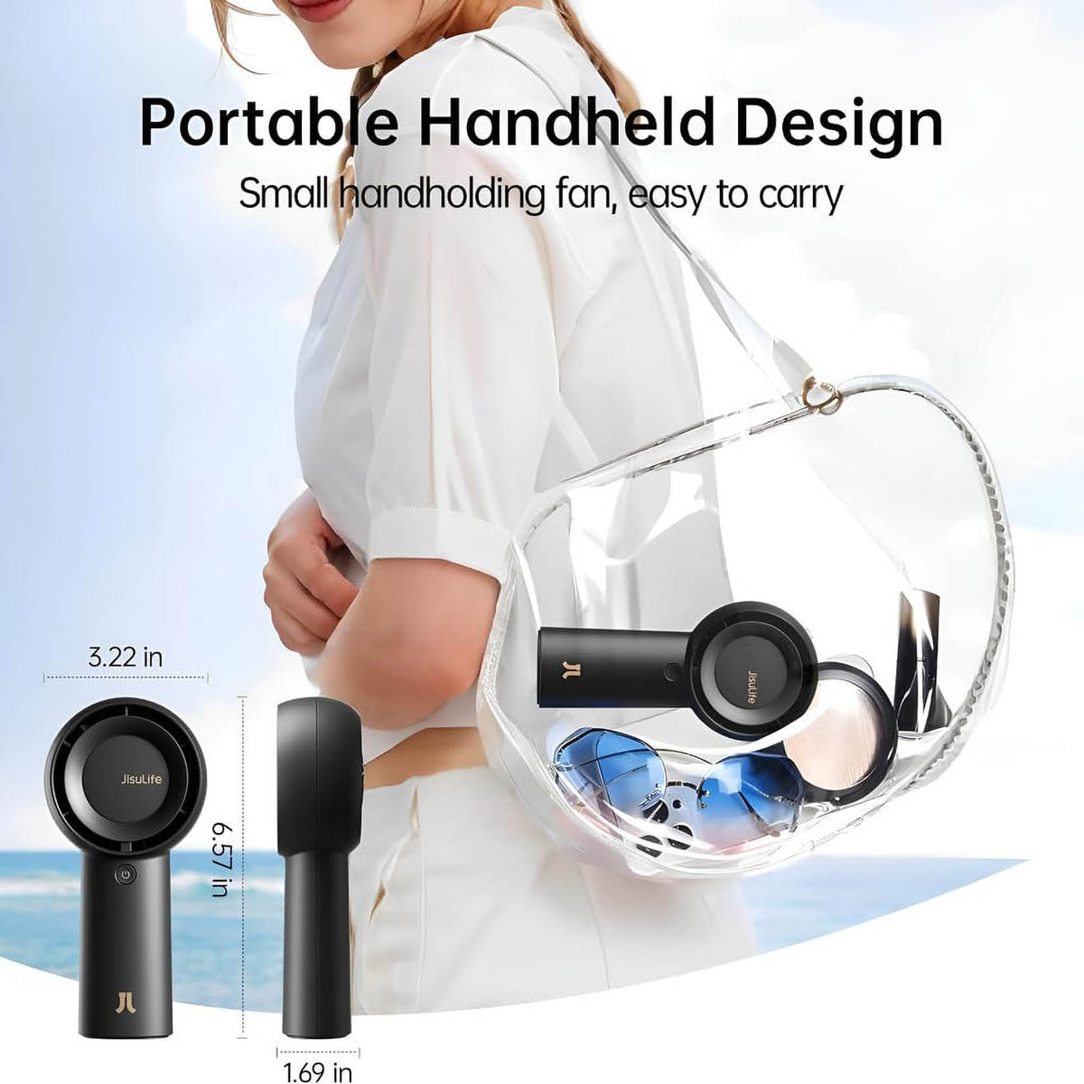 JisuLife Handheld Fan Life5 Plus with measurements and text about portable design