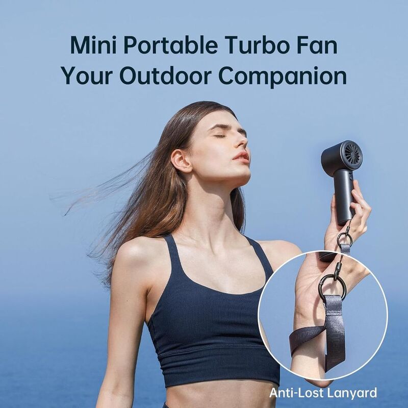 Woman holding aJisuLife Handheld Fan Pro1 with text on a blue background