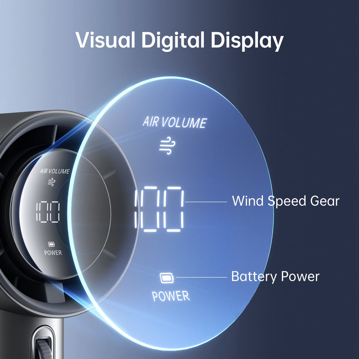 Digital display showing air volume, wind speed gear, and battery power of a JisuLife Handheld Fan Pro1 S on a dark background