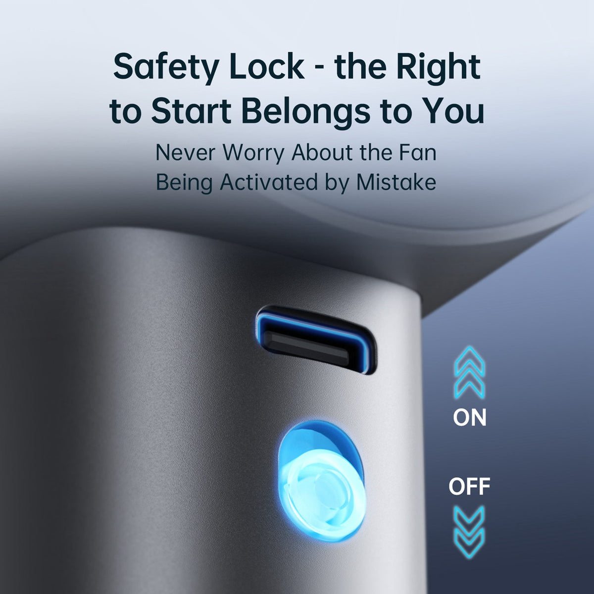JisuLife Handheld Fan Pro1 S with safety lock feature and text emphasizing control over fan activation.