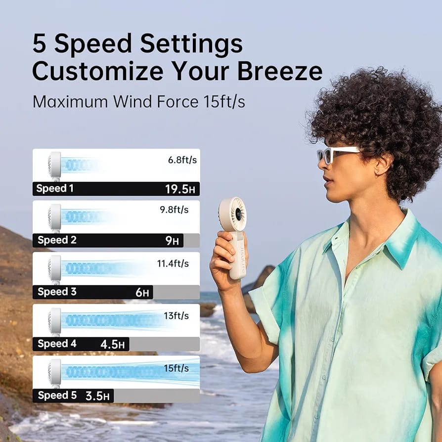 A person using a speed adjustable Jisulife Handheld Portable Fan in outdoor