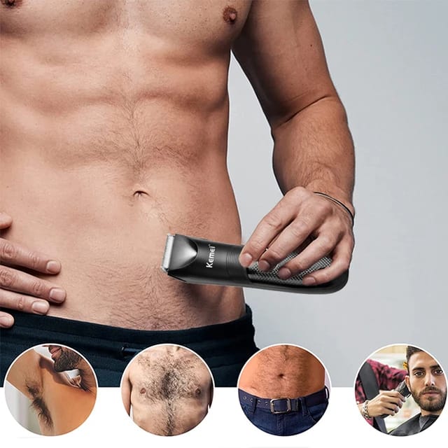 A Man is Trimming His Body Hair Using Kemei Unisex Electric Hair Clipper, Trimmer, Hair Remover