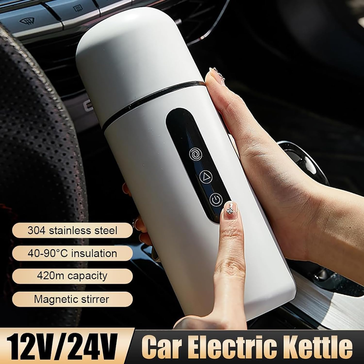 Somebody holding the Portable Coffee and Tea Car Heating Bottle Cup