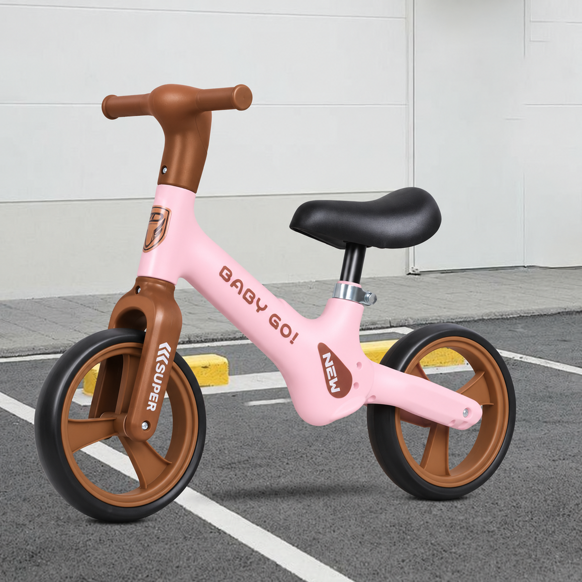 Kids Balance Bike in Brown and Pink Color.