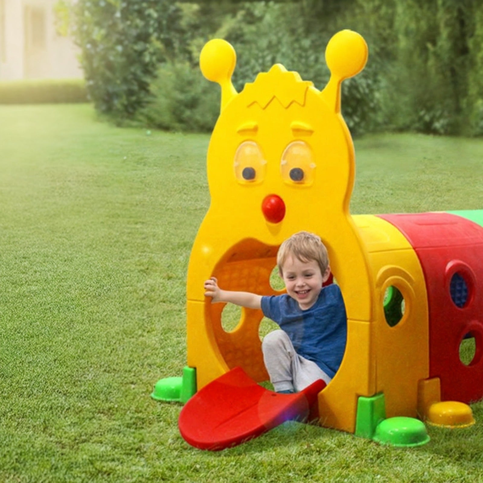 A Child is Playing Inside a Kids Caterpillar Play Tunnel Climb & Crawl Toy.