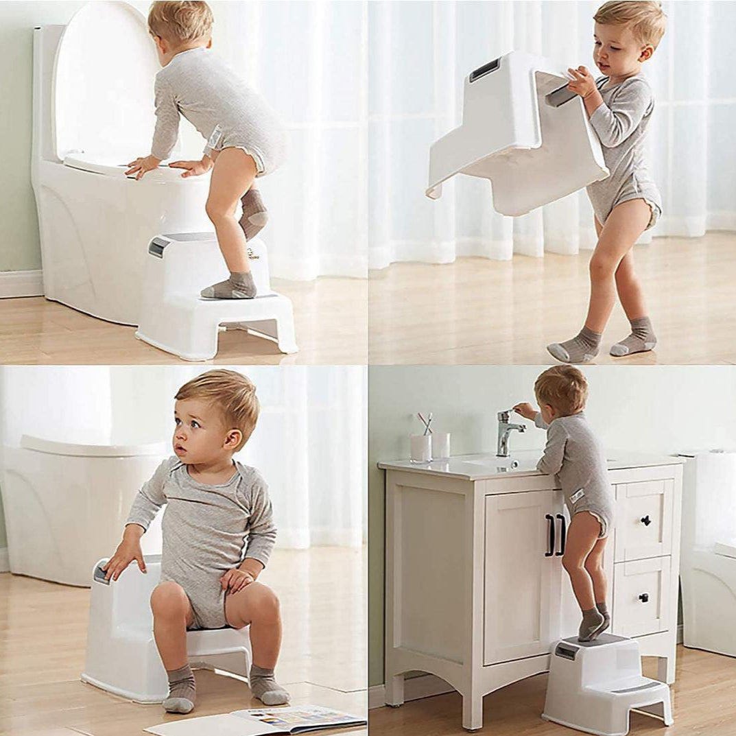 A Child is Using Kids Step Stool at Multiple Scenarios.